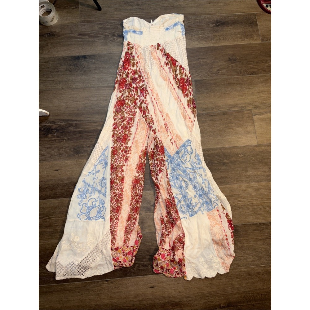 Free People Strapless Patchwork Wide-Leg Jumpsuit in Cream, Blue, and Red Floral - Picture 7 of 9